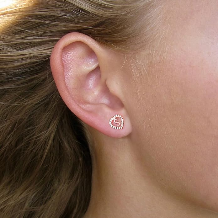 Initial Heart Earrings for Girls, Sterling Silver Post Silver/Rose Gold Heart Initial Stud Earrings for Little Girls Kids Baby Earrings Non Tarnish Hypoallergenic Earrings for Teen Girls Gifts Jewelry
