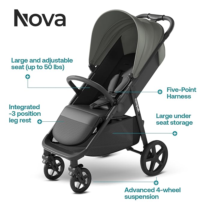 Mompush Nova Baby Stroller for Toddler, Infant & Newborn | Spacious Seat & Lie-Flat Mode | Compact One-Hand Fold, UPF 50+ Canopy & All-Wheel Suspension | Includes Rain Cover & Cup Holder, Green