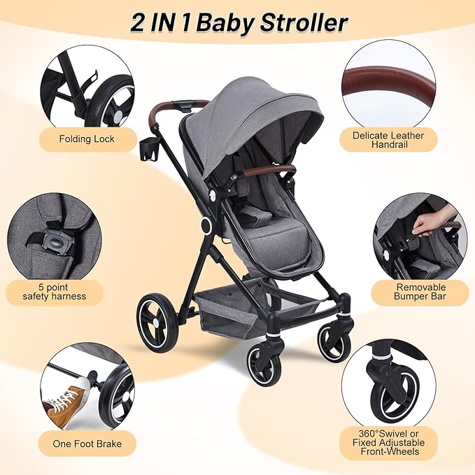 2 in 1 Baby Stroller for Toddler 0-3, Bassinet Stroller for Toddler with Large Storage Basket, Shock Absorbing，Stroller for Newborn with Removable Seat, Cup Holder，Stroller That Converts to Bassinet