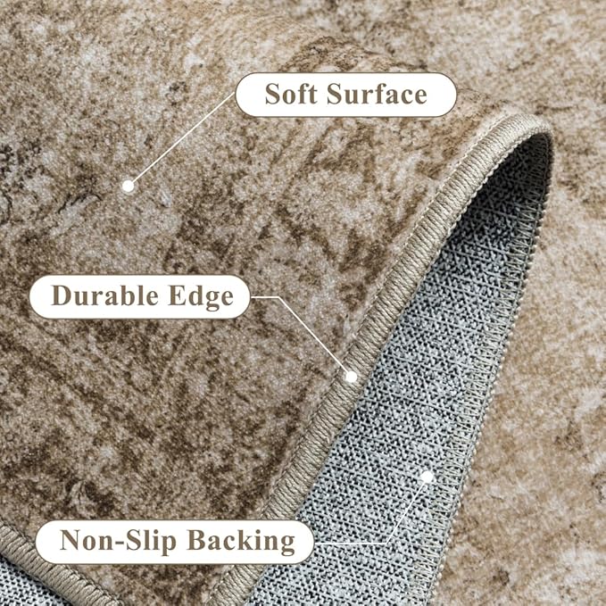 8x10 Light Brown Area Rug for Living Room Washable Vintage Distressed Carpet Large Bedroom Low Pile Non Slip Indoor Soft Retro Throw Accent Rug Office Kitchen Bathroom Dining Room