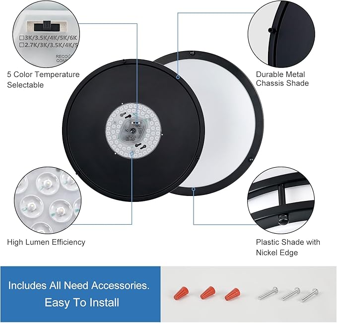 DLLT 2Pack Flush Mount LED Ceiling Light: 13 Inch 5CCT (3000K-6000K) & Dimmable Ceiling Light Fixtures for Bedroom Hallway - 24W Modern Black Super Bright Kitchen Lighting Fixtures Ceiling