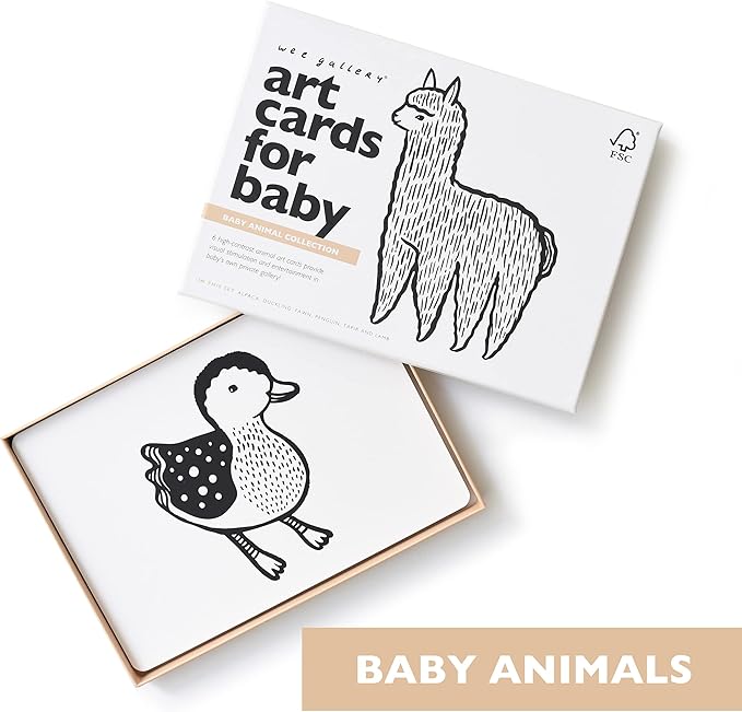 Wee Gallery Art Cards for Baby, Durable High Contrast Black and White Animal Flashcards for Newborns, Brain Development, Sensory Toys, Tummy Time Essentials for Infant and Toddler - Baby Animals