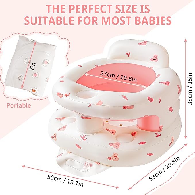 Inflatable Baby Seat with Full Enclosure, Comfortable Sit Me Up Baby Chair for Learning to Sit, Built in Air Pump Blow Up Infant Back Support Floor Seat for Babies 3 Months & Up (Bunny)