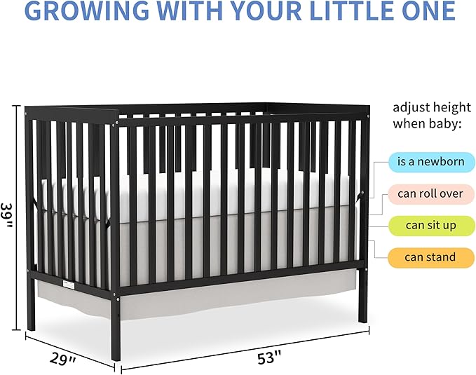 Baby Crib 5-in-1 Convertible, Wooden Nursery Cribs Converts to Toddler Bed, Daybed and Full Size Bed, 3 Adjustable Base, Non-Toxic Finish (Black)