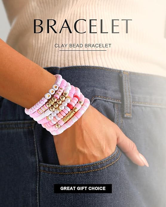 Friendship Bracelets Trendy Heishi Clay Bead Bracelets Stack Gold Beaded Stretch Bracelets for Women Boho Stackable Bracelets Bulk Cute Preppy Jewelry