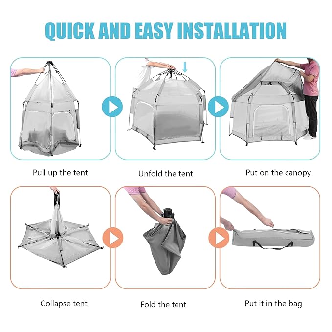 Baby Playpen with Canopy, Portable Baby Beach Tent, Toddler Play Yard Indoor and Outdoor, Foldable Mosquito Net for Infant - Light Grey