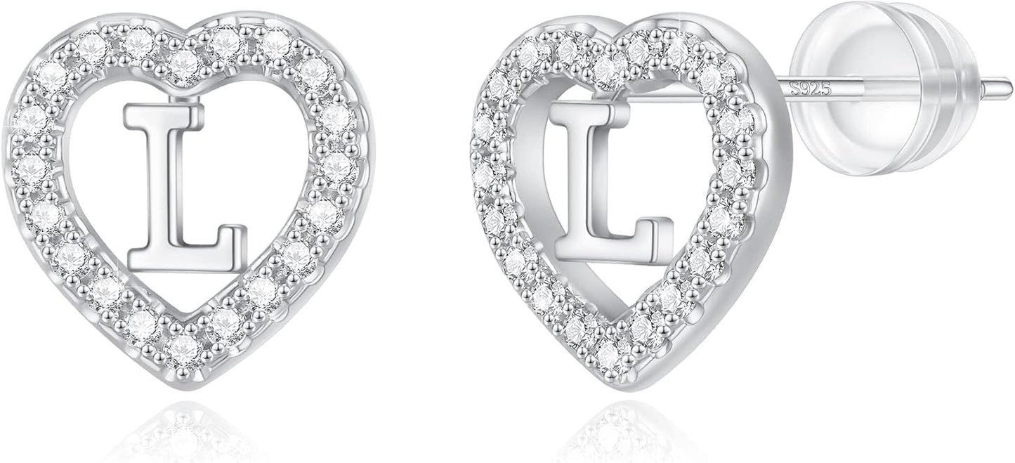 Initial Heart Earrings for Girls, Sterling Silver Post Silver/Rose Gold Heart Initial Stud Earrings for Little Girls Kids Baby Earrings Non Tarnish Hypoallergenic Earrings for Teen Girls Gifts Jewelry