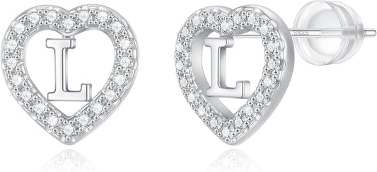 Initial Heart Earrings for Girls, Sterling Silver Post Silver/Rose Gold Heart Initial Stud Earrings for Little Girls Kids Baby Earrings Non Tarnish Hypoallergenic Earrings for Teen Girls Gifts Jewelry
