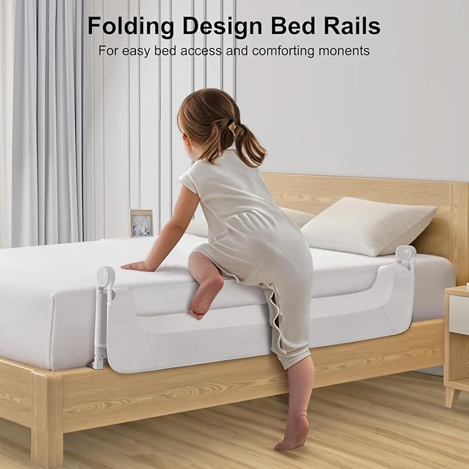 Bed Rail for Toddlers,Swing Down Kids Bed Rails Guard for Twin,Full,Queen,Bunk Size Bed,Extra Tall Child Bed Rail Guard with Reinforced Anchor Safety System(White,59 Inch,1 Side)