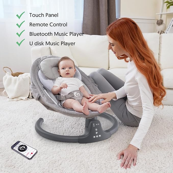 Bluetooth Baby Swing for Infants, Compact & Portable Baby Swing, 3 Seat Positions, 5 Swing Speed, 10 Music, Remote Control, USB Plug-in Power, Reversible Cushion for All Seasons