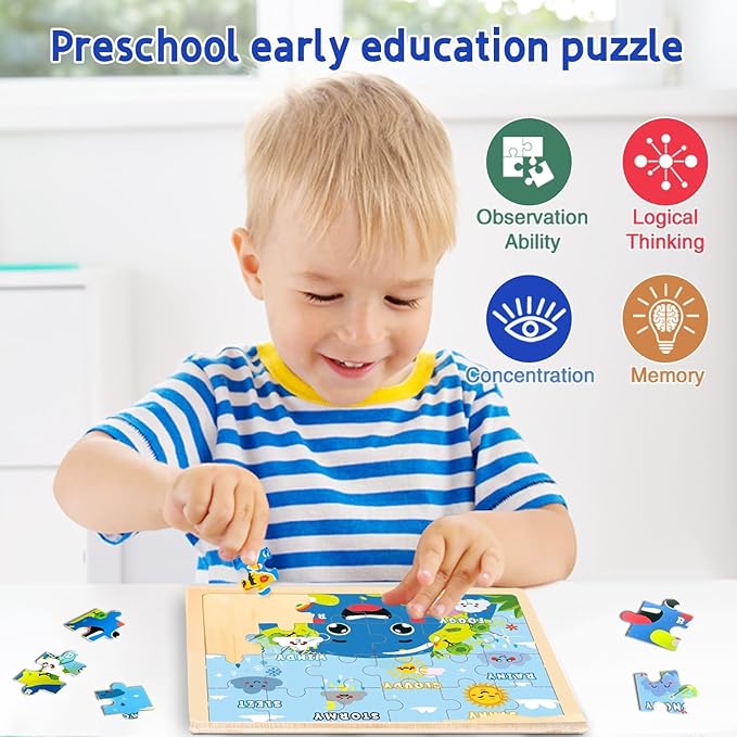 Wooden Puzzles for Kids, 6 Packs 24Pcs Wooden Number Shape Seasons Toddler Jigsaw Puzzles, Preschool Educational Learning Toys Gifts for Boys and Girls 2 3 4 5 6 Year Old