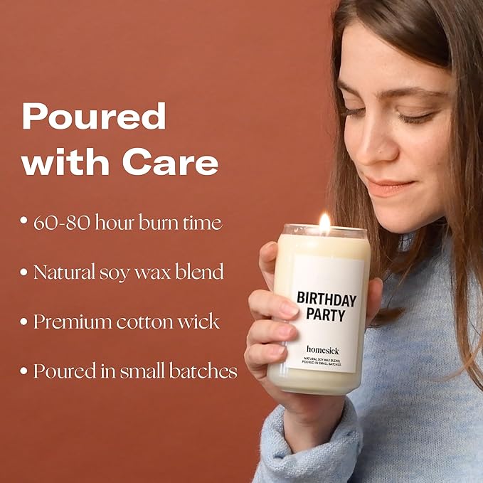Homesick Scented Candles for Home (Birthday Party) - 13.75 oz Long-Lasting Natural Soy Wax Blend Jar Candle Gifts for Women & Men, 60-80 Hours Burn Time - Notes of Butter, Cream & Vanilla