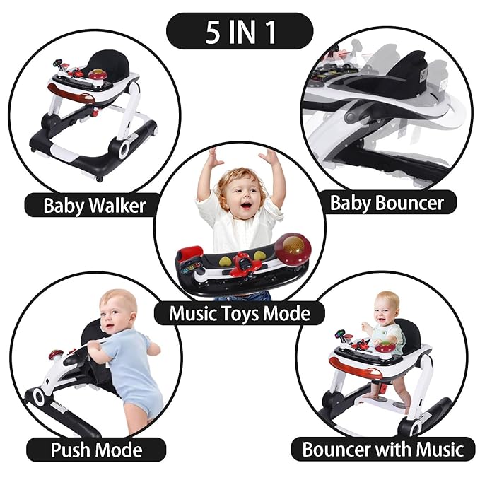 Kinder King Baby Walker with Music & Lights, 5 in 1 Baby Bouncer Activity Walker, Adjustable Height & Seat, Learning-Seated & Toddler Walk-Behind, Safety Bumper, Infant Walker Anti-Rollover, Black