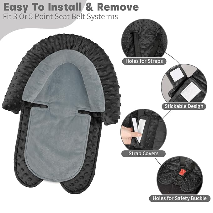 Infant Car Seat Insert, HNHUAMING Baby Car Seat Head & Body Support with 2 Straps Pads, Ultra Soft Newborn Preemie Carseat Insert Cushion for Girls Boys, Fits Car Seat, Stroller, Swing, Bouncer, Black