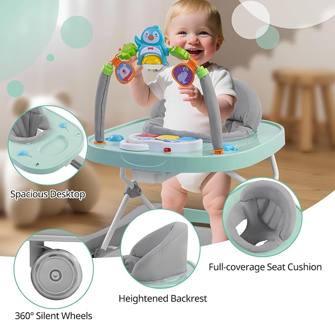 Foldable Baby Walker with Wheels, 3 Height Settings, 4-in-1 Activity Center for 6-18 Months with Tray, Music & Removable Footrest