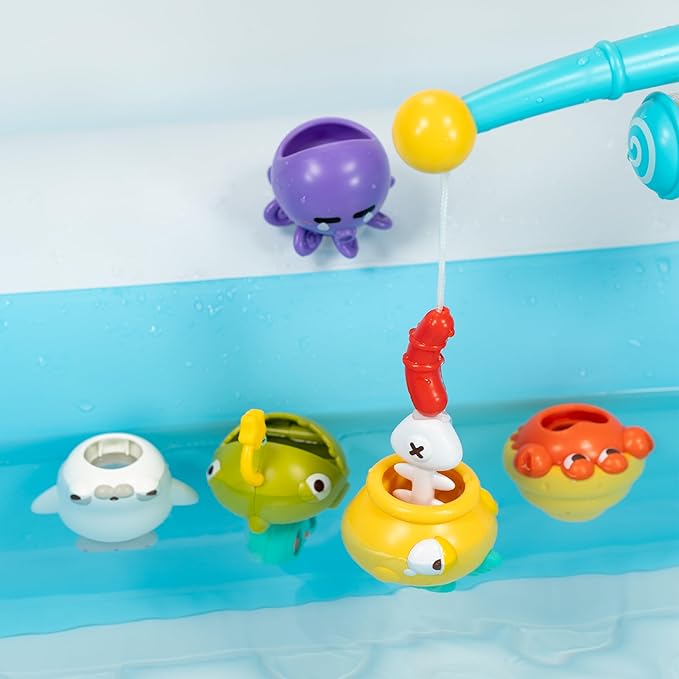 DUCKBOXX XX Fishing Game Bath Toys for Imaginative Interactive Play with Magnetic Rod, Net & Floating Sea Creatures Sprinklers for Kids in Bathtub, Pool & Water Table Mold-Free Anti-Rust (8pcs)