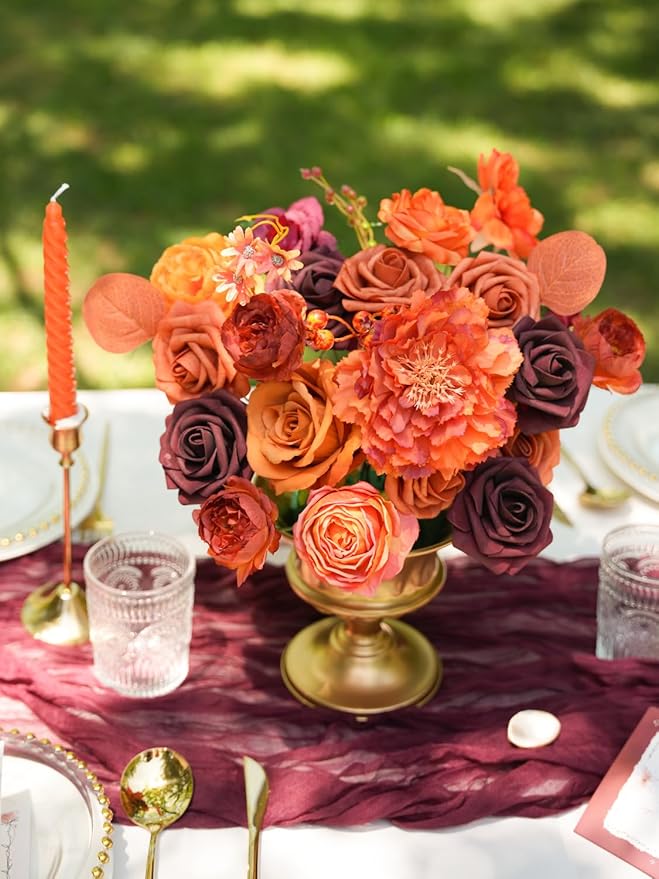 RICHMYC Artificial Flowers Orange Wedding Silk Flowers with Stems, Fall Flowers Artificial for Decoration Fake Cake Flowers for Wedding Bouquets Centerpieces Baby Shower Fall Decor