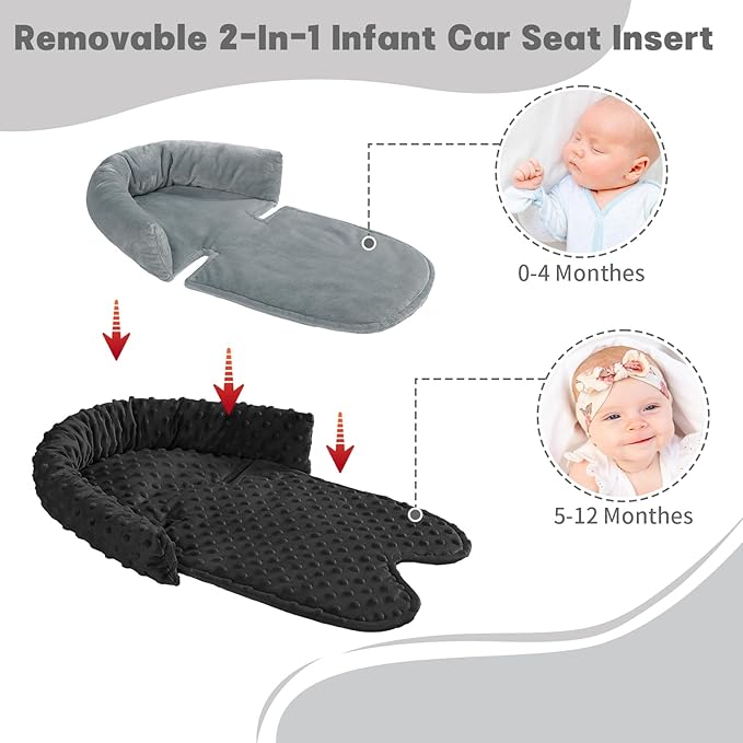 Infant Car Seat Insert, HNHUAMING Baby Car Seat Head & Body Support with 2 Straps Pads, Ultra Soft Newborn Preemie Carseat Insert Cushion for Girls Boys, Fits Car Seat, Stroller, Swing, Bouncer, Black