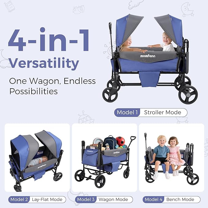 Stroller Wagon for 2 Kids,Foldable Wagon Stroller with Canopy, All-Terrain Parent Organizer, Adjustable Handle & Pull Bar Baby Wagon for Infants and Toddlers, Lavender Blue