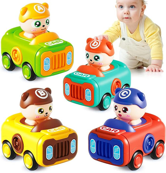 Baby Car Toys for Toddler 1-3, 4PCS Press to Go Push Car, Infant Play Whistle Vehicle Toy Set for 12-18 Months, 1st Birthday Christmas Easter Gifts for 1-2 Years Old Boys