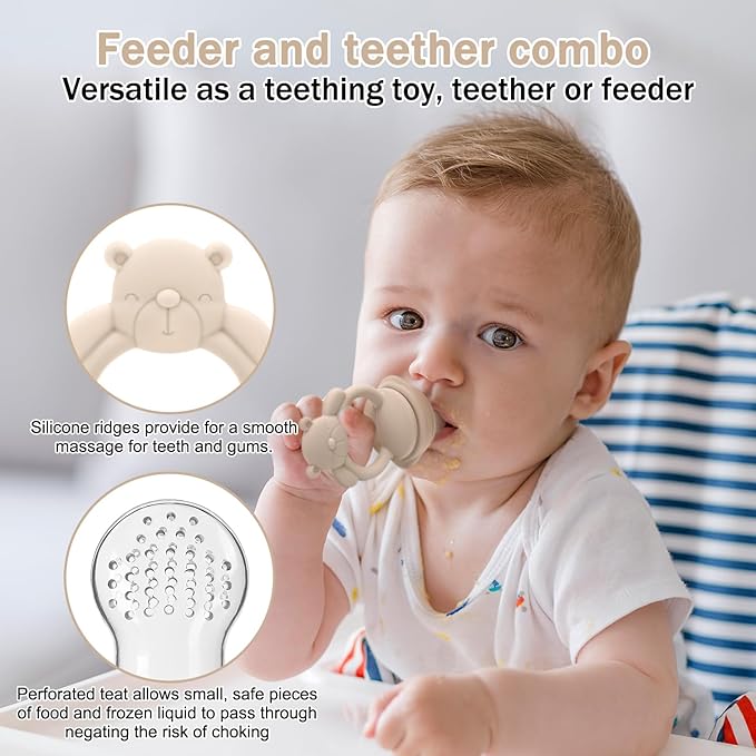 4 Pack Silicone Teething Mitten for Babies with Baby Fruit Food Feeder & Freezer Tray Set, BPA Free Infant Teething Relief Toy for 3 Month+, Additional Silicone Sacs (Bear&Smile Beige)