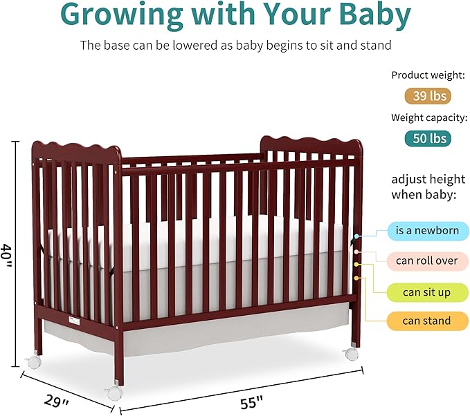 4 in 1 Convertible Baby Crib, Wooden Nursery Cribs Converts into Toddler Bed and Daybed, 3 Adjustable Base, Non-Toxic Finishes, Removable Wheels (Cherry)