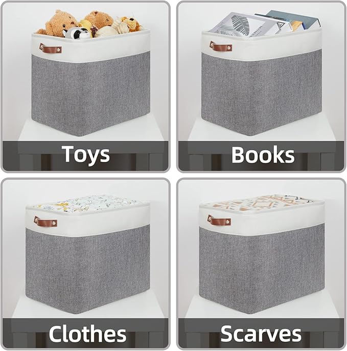 HNZIGE Large Storage Baskets Rectangular Storage Bins Baskets for Organizing [2 Pack] Tall Shelf Baskets with Handles, Decorative Organizer for Storage Home, Closet (White Grey)