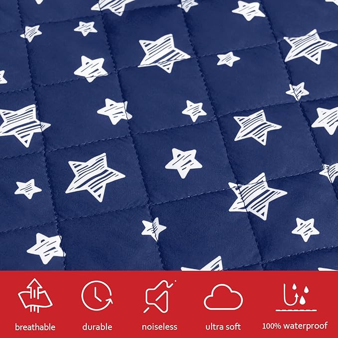 Crib Mattress Protector Waterproof 2 Pack, Quilted Crib Mattress Pad Cover 52" x 28" Extra Soft Breathable Toddler Bed Cover Stretch Up to 8", Grey & Navy Star