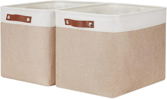 HNZIGE Fabric Storage Baskets for Organizing [2 Pack] Large Canvas Rectangular Storage Bins for shelves 16" X 11.8" X 11.8" Clothes Baskets Collapsible Bins for Closet Linen Organizers (Beige&White)
