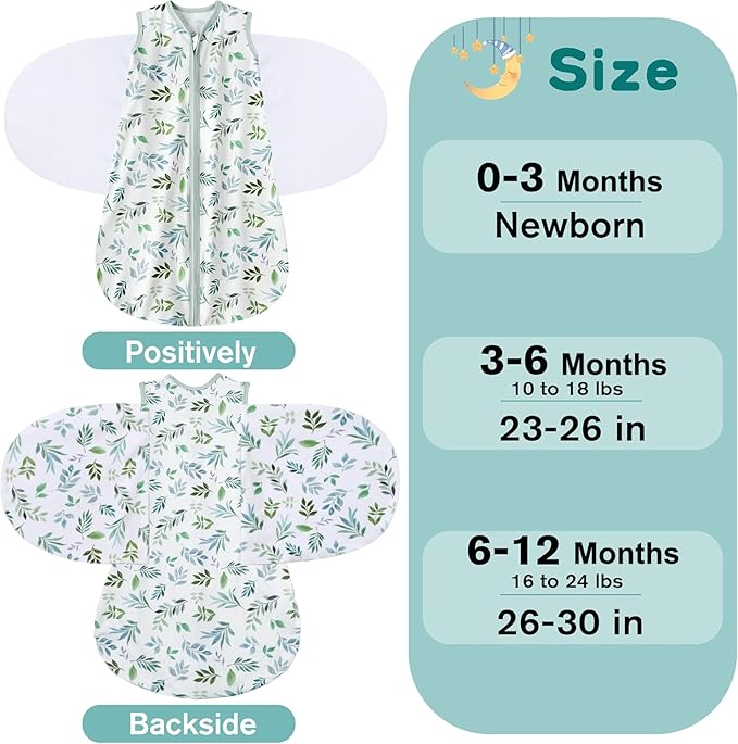 Newborn Sleep Sack Baby Swaddle,Swaddle me 6-12 Month,3-Way Adjustable Wearable Blanket,100% Rayon Cotton Swaddling Sleeping Bag，TOG 0.5 (Leaf, 6-12 Months)