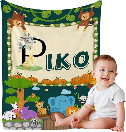 Personalized Cute Animals Name Blanket, Custom Monogram Name Blankets Elephant Monkey Toddler Boy Soft Flannne Swaddling Blankets Customized Memorial Gift for Infant Newborn Shower