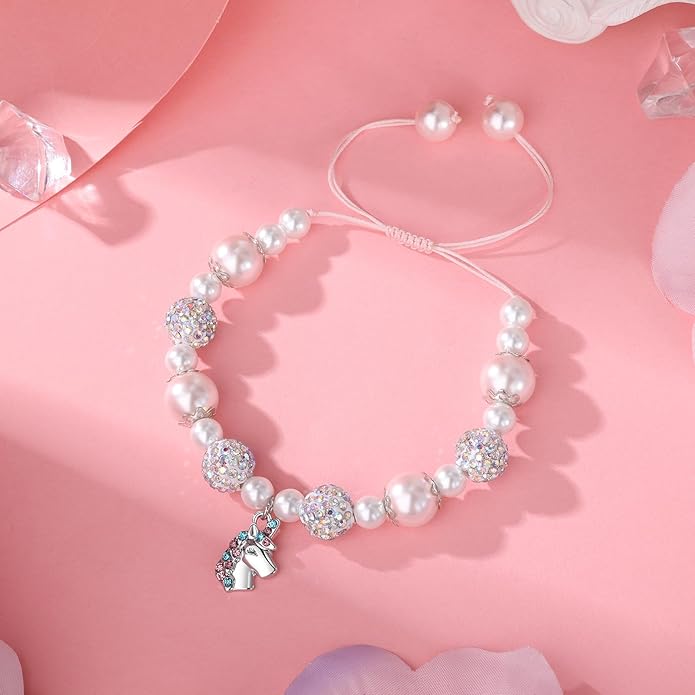 Unicorn Charm Bracelet for Girls - Adjustable Pink Pearl Kids Bracelet for Toddler Girls 4-12 Year Old- Daughter Granddaughter Child's Jewelry Gift for Birthday Christmas gifts