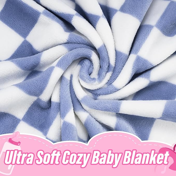 Plush Checkered Baby Blanket for Boys Girls Nursery, 30"*41" Warm Short Fleece Blanket Neutral for Infant Newborn, Small Fuzzy for Sleeping, Chenille or Stroller (Dark Blue&White)