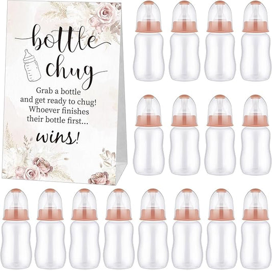 TrelaCo Bottle Chug Baby Shower Game 20 Pcs Baby Bottles Shower Favor with 1 Boho Theme Sign for Gender Reveal Party Supplies Gifts(Brown)