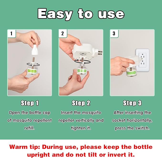 Mosquito Repeller, Electronic Mosquito Repellent Plug in Indoor Use, Includes 2-Pack 280 Hr Repellent Refills, No Candles or Flames, DEET-Free, for Home, Bedroom, Office, Kitchen (White)