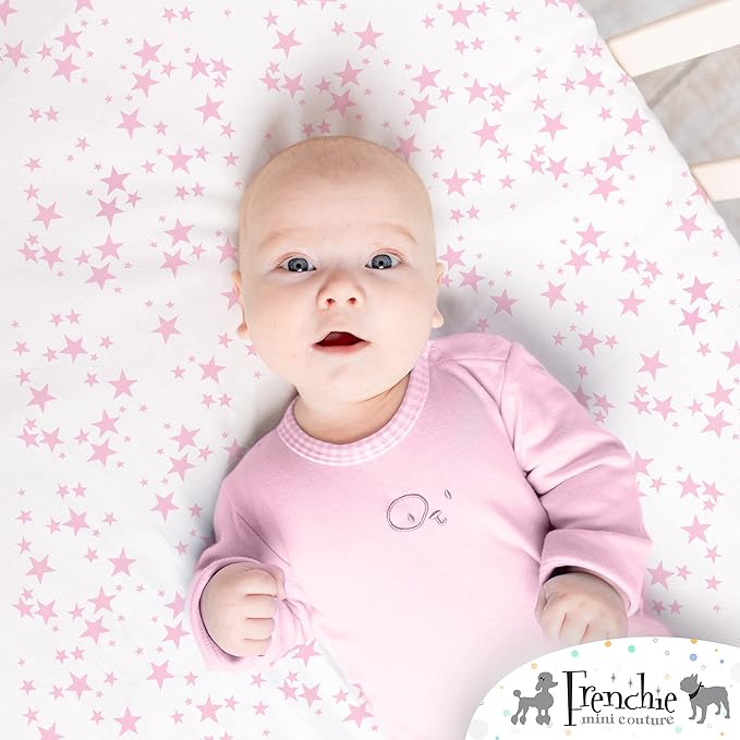 Fitted Crib Sheets 100% Woven Cotton Fits Toddler Mattress, Pink Stars, 28 x 52inx8in, 2-Pack