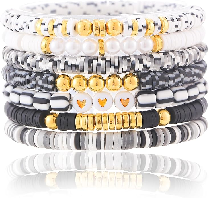 Friendship Bracelets Trendy Heishi Clay Bead Bracelets Stack Gold Beaded Stretch Bracelets for Women Boho Stackable Bracelets Bulk Cute Preppy Jewelry