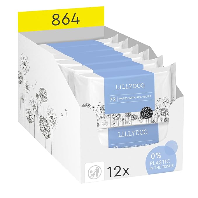 Hypoallergenic & strong Baby Wipes with 99% Water, Unscented & Plastic-Free, 12 resealable Packs (864 Wipes Total)