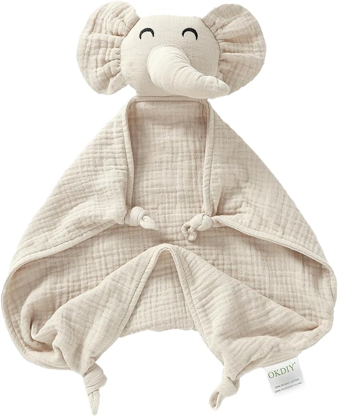 Organic Elephant Lovey, Muslin Security Blanket for Babies, Elephant Baby Stuffed Animal, Snuggle Toy, Gift for Boys and Girls (Khaki)