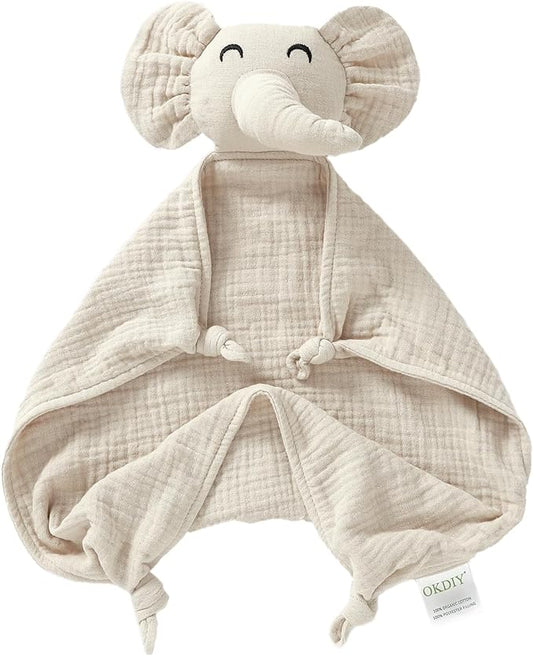 Organic Elephant Lovey, Muslin Security Blanket for Babies, Elephant Baby Stuffed Animal, Snuggle Toy, Gift for Boys and Girls (Khaki)