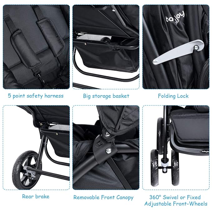 BABY JOY Double Stroller, Foldable Lightweight Twin Stroller with Tandem Seating, Adjustable Backrest/Canopy/Footrest, 5-Point Harness, Storage Basket, Newborn and Toddler (Black)