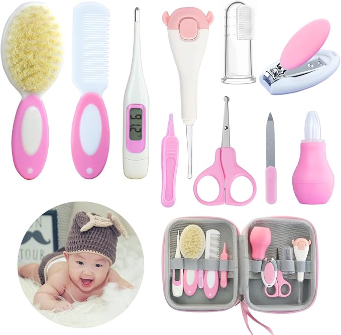 ZELINYE Baby Care Kits,Baby Grooming Kit,10 in 1 Newborn Essentials Must Haves,Baby Nail Clippers Baby Brush Baby Comb Earpick Nose Cleaning Tool Baby Nail File Nursing Baby Kit （Pink）