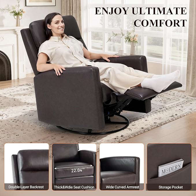 COLAMY Recliner Chair, PU Leather 360° Swivel Rocker Recliner, Nursery Glider Recliner with Ergonomic High Backrest and Upholstered Deep Seat for Living Room, Bedroom, Color Chocolate