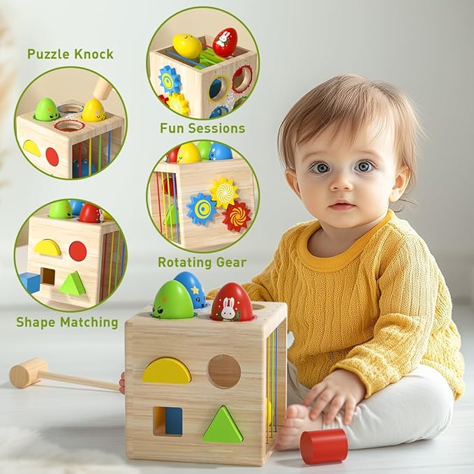 Montessori Wooden Shape Sorter Toy for 1+ Year Old - 8 Sensory Blocks, Developmental Toddler Toys, Toddler Learning Gifts for Baby Boys Girls