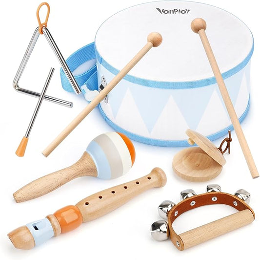 Toddlers Drum Set - Montessori Toys for 2 3 Year Old Boy Girl Birthday Gifts, 6 in 1 Wooden Musical Instruments for Toddlers 2-4, Preschool Learning Musical Toys for Baby 18+ Months with Snare Drum
