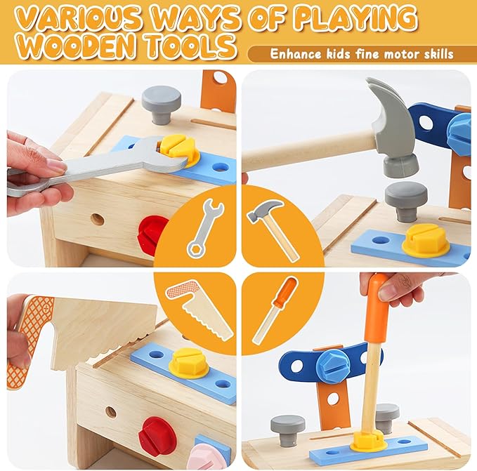 Myfolrena Kids Tool Set With Belt - Wooden Pretend Play Tools for Toddlers Ages 2-5 - Learning Stem Montessori Toys