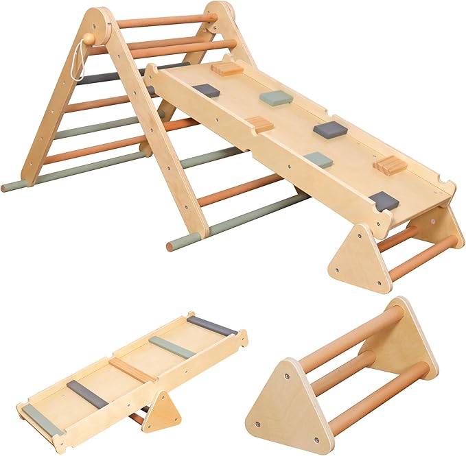 Kids Foldable Climbing Set with Ladder,Ramp,Balance Beam;Triangle Wooden Climbing Toys for Toddlers 1-3 Inside Playground,Baby Indoor Climber Jungle Gym for Montessori