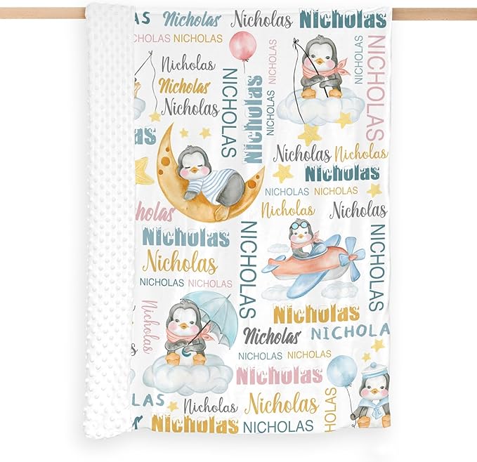 Personalized Baby Blanket for Girls Boys Penguin Custom Baby Blankets with Name Dotted Backing Customized Gifts for New Mom Customize Baby Blanket for Kids Newborn Birthday