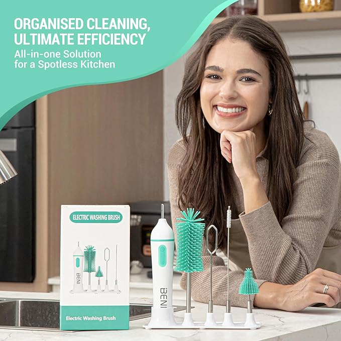 Travelling Electric Bottle Brush Cleaner, Baby Bottle Brush Set, Fully Water -Proof Bottle Brush, Long Handle Brush, BPA Free Silicon Brush Heads, Drying Stand, Milk Mixer, Egg Whisk Included