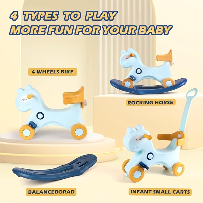 4 in 1 Rocking Horse for Toddlers 1-3 Years Old, Baby Rocking Toy Fun Birthday Gift for 1+ Boys, Ride on Toy with Detachable Balance Board and Footrest，Balance Bike with Push Handle，Blue